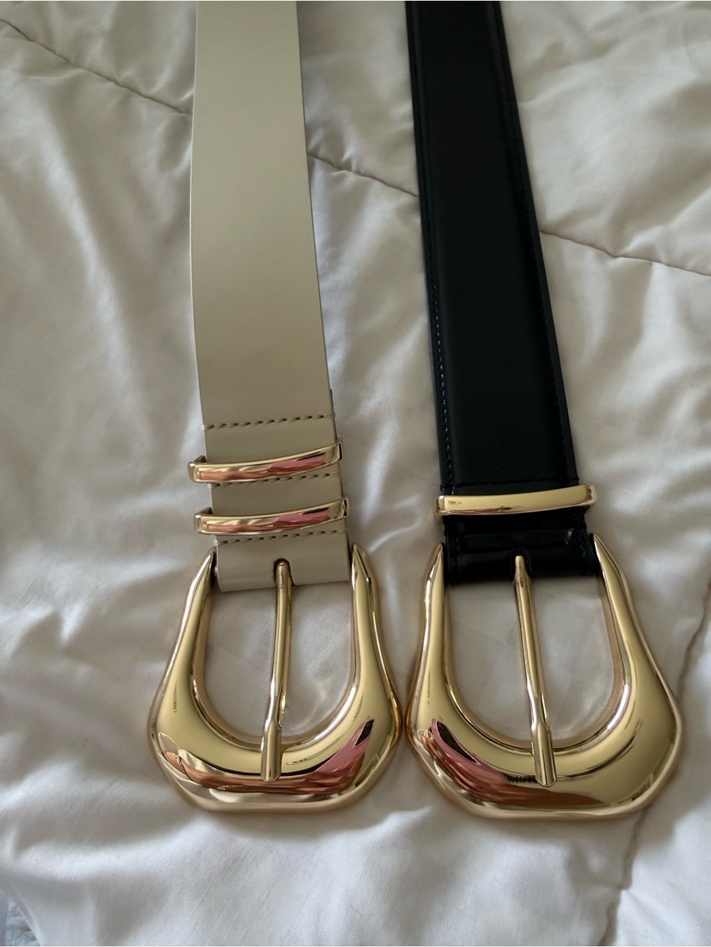 Gold Buckle Leather Belts - Black and Cream - Picture 1 of 1